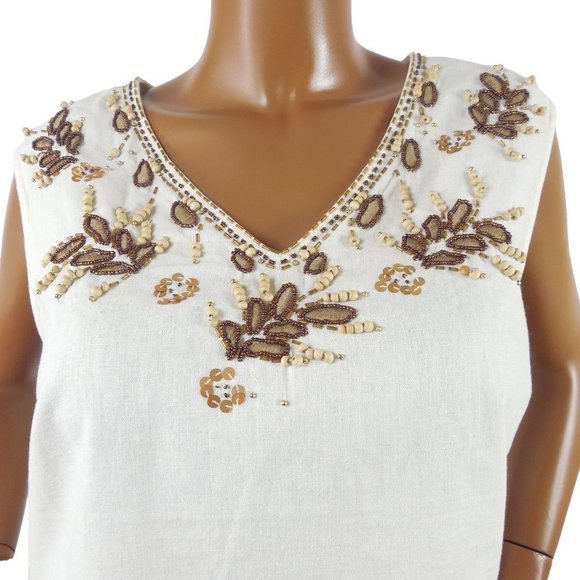 ANNE CARSON Top 2X Linen Blouse Ivory V-Neck Brown Embroidery Leaves Wood Beads - Picture 2 of 10